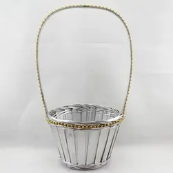 Round Silver Bamboo Basket Gold Beads 16x12cm