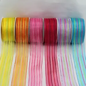 Wired Edge Organza Ribbon With Stripes 40mm x 20m