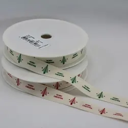 15mmx20m Merry Christmas / Trees On Natural Ribbon