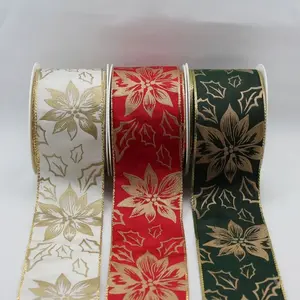 60mmx20m Gold Christmas Poinsettias On Wired Edge Satin Ribbon