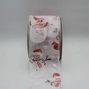 Snowmen On  Wired Edge White Organza Ribbon 63mmx10m