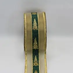 Wired Edge Metallic Ribbon With Christmas Trees 50mmx10m