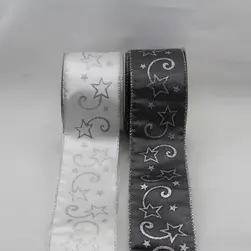 Wired Edge Satin Ribbon With Shooting Stars White/Silver 63mmx10m