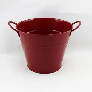 Medium Tin Bucket with Side Handles Burgundy