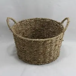 Large Round Seagrass Tray  Basket with Handles Natural 27x15cm Height