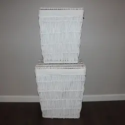 Set of 2 White Vertical Weave Willow Laundry Baskets with White Liners
