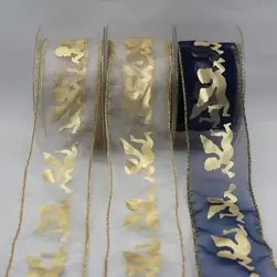 Gold Wired Edge Organza Ribbon with Gold Cherubs 50mmx25m