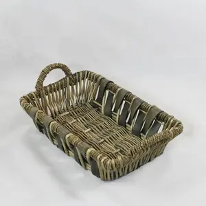 Medium Rect. Greywash Willow/Wood Slat Tray 35.5x25x9.5cm