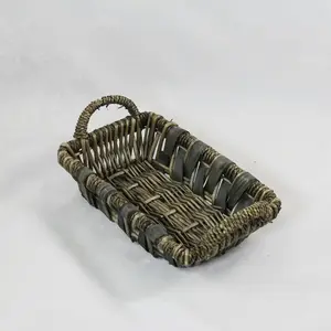 Small Rect. Greywash Willow/Wood Slat Tray 29x19x7.5cm