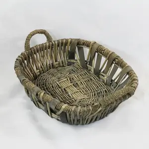 Large Oval Greywash Willow/Wood Slat Tray 45x35x11.5cm