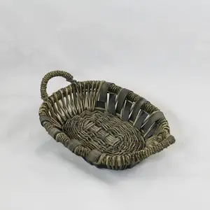 Small Oval Greywash Willow/Wood Slat Tray 30.5x22x7.5cm