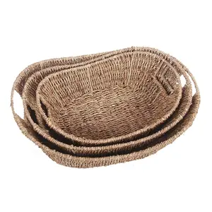 Set of 3 Boat Shape Seagrass Tray with Inset Handles Natural
