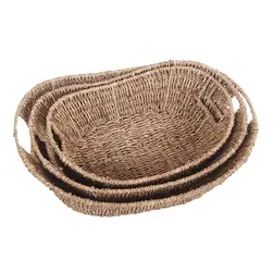 Set of 3 Boat Shape Seagrass Tray with Inset Handles Natural 