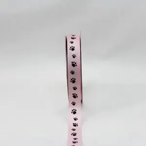 15mmx15m Paw Print Grosgrain Ribbon Black on Pink