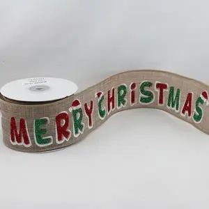 Wired Edge Red/Green Glitter Merry Christmas on Natural Jute Ribbon 63mmx9.1m