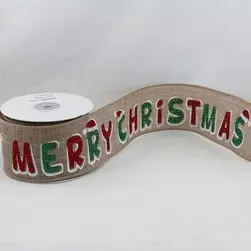 Wired Edge Red/Green Glitter Merry Christmas on Natural Jute Ribbon 63mmx9.1m
