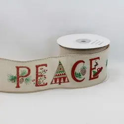 Wired Edge Glitter Peace on Natural Jute Ribbon 63mmx9.1m