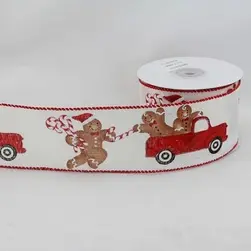 Red Wired Edge Glitter Gingerbread Men in Trucks on Cream Jute Ribbon 63mmx9.1m 