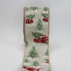 Wired Edge Glitter Christmas Trees & Trucks on Natural Jute Ribbon 63mmx9.1m