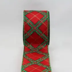 Wired Edge Glitter Red/Green/Gold Tartan Ribbon 63mmx9.1m
