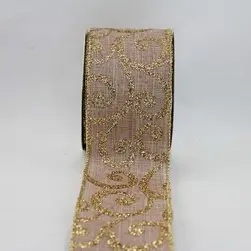 Wired Edge Gold Glitter Swirls on Natural Jute Ribbon 63mmx9.1m