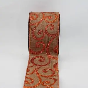 Wired Copper Glitter Swirls on Natural Jute Ribbon 63mmx9.1m