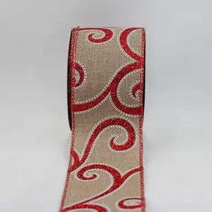 Wired Edge Red Glitter Swirls on Natural Jute Ribbon 63mmx9.1m