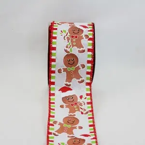 Wired Edge Glitter Green/Red Gingerbread Men on White Jute Ribbon 63mmx9.1m 