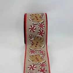 Red Wired Edge Gingerbread Men & Candy on Dark Natural Jute Ribbon 63mmx9.1m