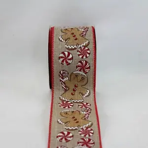 Red Wired Edge Gingerbread Men & Candy on Dark Natural Jute Ribbon 63mmx9.1m