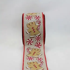 Red Wired Edge Gingerbread Men & Candy on Light Natural Jute Ribbon 63mmx9.1m