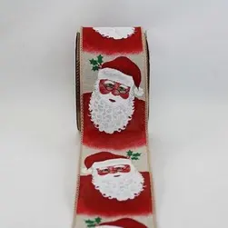 Wired Edge Glitter Santa w/Glasses on Natural Jute Ribbon 63mmx9.1m