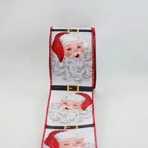 Wired Edge Glitter Santa Face & Belt on White Jute Ribbon 63mmx9.1m