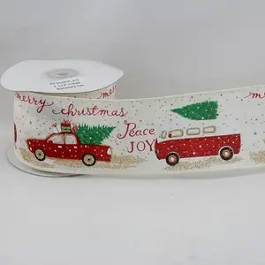 Wired Edge Glitter Kombi Van & Ute w/Christmas Trees on Cream Satin Ribbon 63mmx9.1m