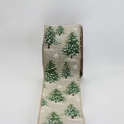 Wired Edge Glitter Christmas Trees w/Snow on Natural Jute Ribbon 63mmx9.1m