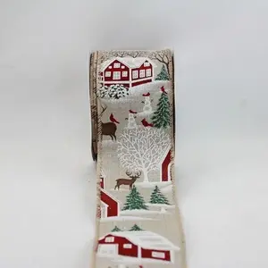 Wired Edge Glitter Horses & Barns Christmas Scenes on Natural Jute Ribbon 63mmx9.1m