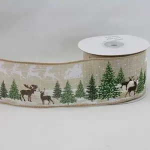 Wired Edge Christmas Scene w/Gold Glitter on Natural Jute Ribbon 63mmx9.1m