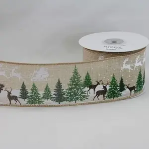 Wired Edge Christmas Scene on Natural Jute Ribbon 63mmx9.1m 