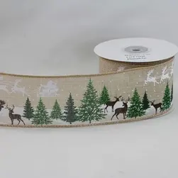 Wired Edge Christmas Scene on Natural Jute Ribbon 63mmx9.1m 