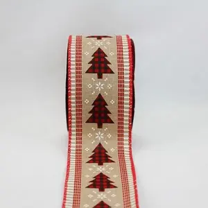 Wired Edge Tartan Christmas Trees w/Border on Jute Ribbon 63mmx9.1m