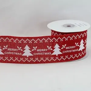 Wired Edge Merry Christmas / Trees Jacquard Print on Red Jute Ribbon 63mmx9.1m