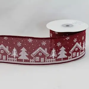 Wired Edge Jacquard Christmas Scene on Burgundy Jute Ribbon 63mmx9.1m