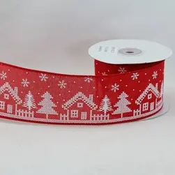 Wired Edge Jacquard Christmas Scene on Red Jute Ribbon 63mmx9.1m 