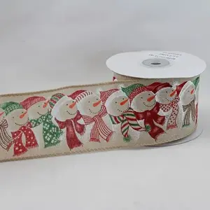 Wired Edge Row of Snowmen w/Scarves on Jute Ribbon 63mmx9.1m