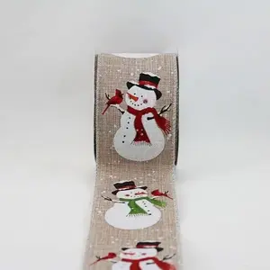 Wired Edge Glitter Snowman w/Cardinals on Jute Ribbon 63mmx9.1m