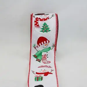 Wired Edge Shiny Christmas Snowman on White Jute Ribbon 63mmx9.1m