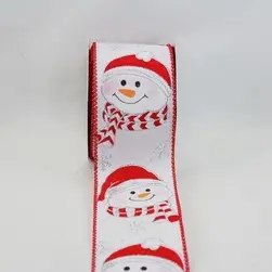 Wired Edge Silver Glitter Christmas Snowman Faces on White Satin Ribbon 63mmx9.1m