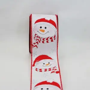 Wired Edge Silver Glitter Christmas Snowman Faces on White Satin Ribbon 63mmx9.1m