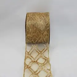 Wired Edge Gold Organza w/Gold Glitter Crisscross Ribbon 63mmx9.1m