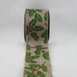 Wired Edge Glitter Christmas Holly Sprays on Jute Ribbon 63mmx9.1m